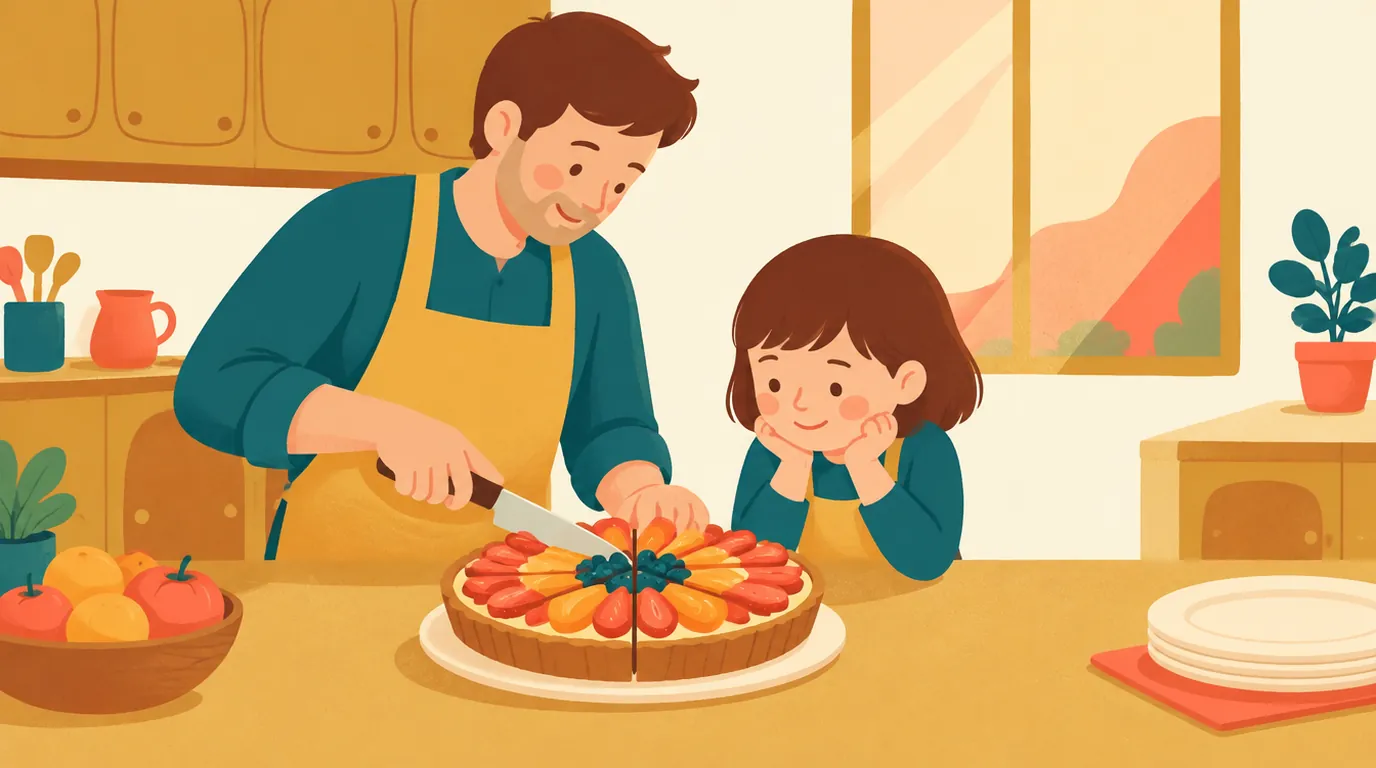 Una niña y su padre cortan una tarta de frutas en partes iguales sobre la encimera de la cocina