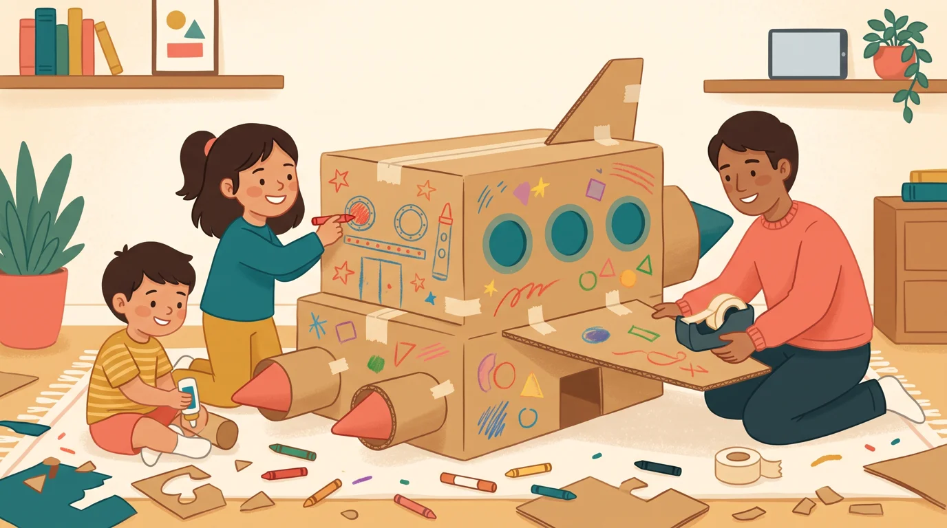 Deux enfants construisent un vaisseau en carton avec un parent