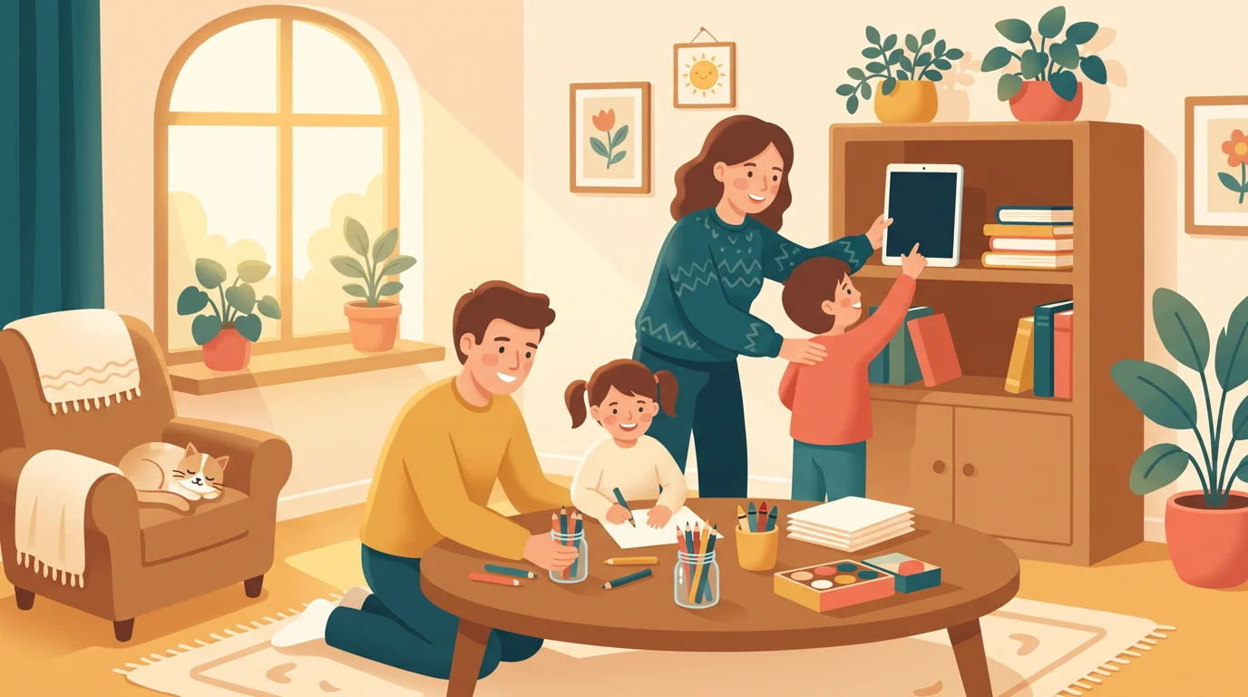 Une famille range une tablette et choisit une activité de dessin