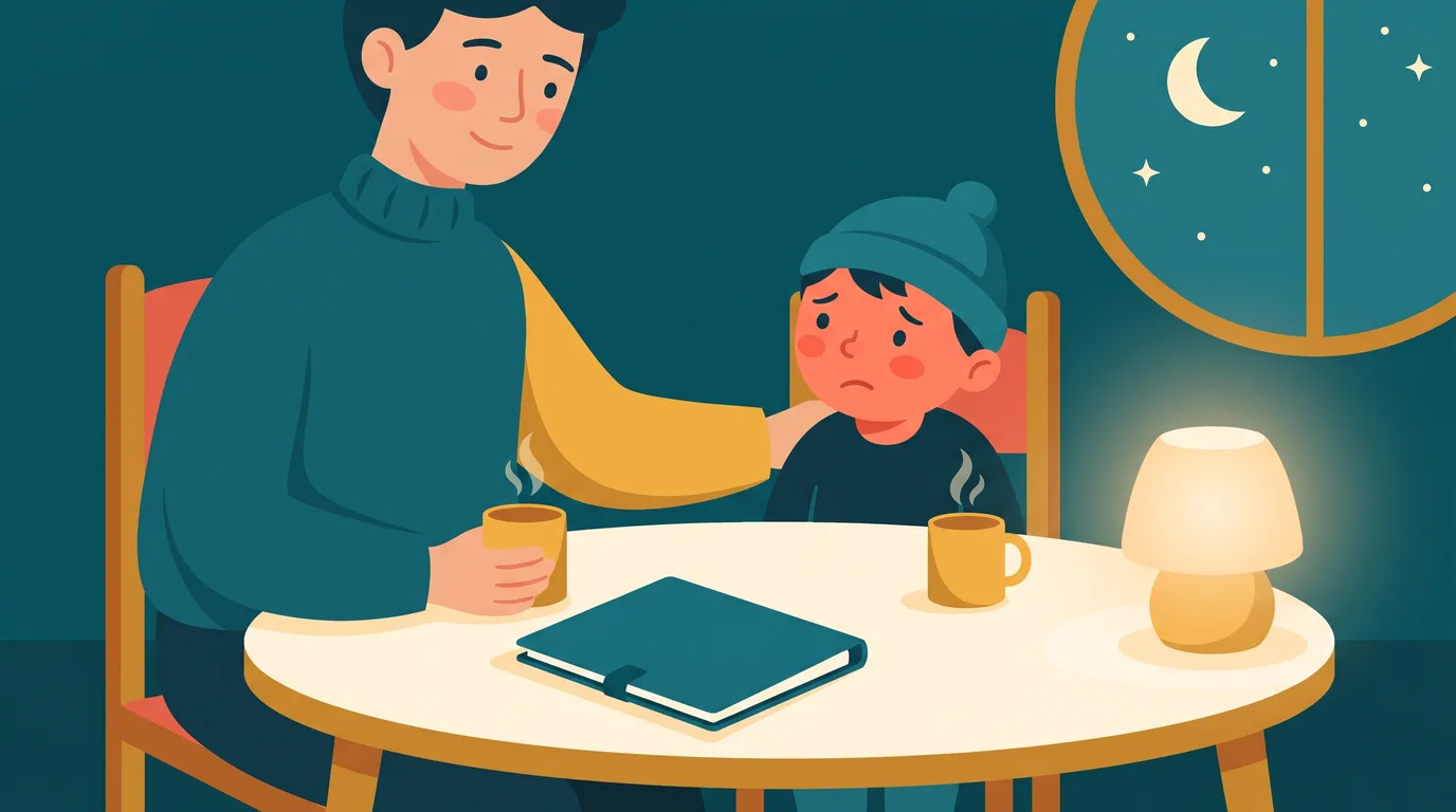 Un parent rassure son enfant inquiet à la table de la cuisine, le bulletin scolaire fermé posé devant eux