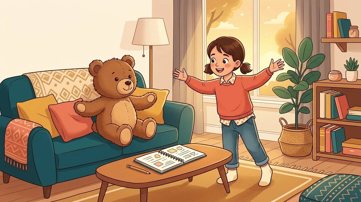 Un enfant debout dans le salon explique sa leçon à voix haute à un gros ours en peluche posé sur le canapé