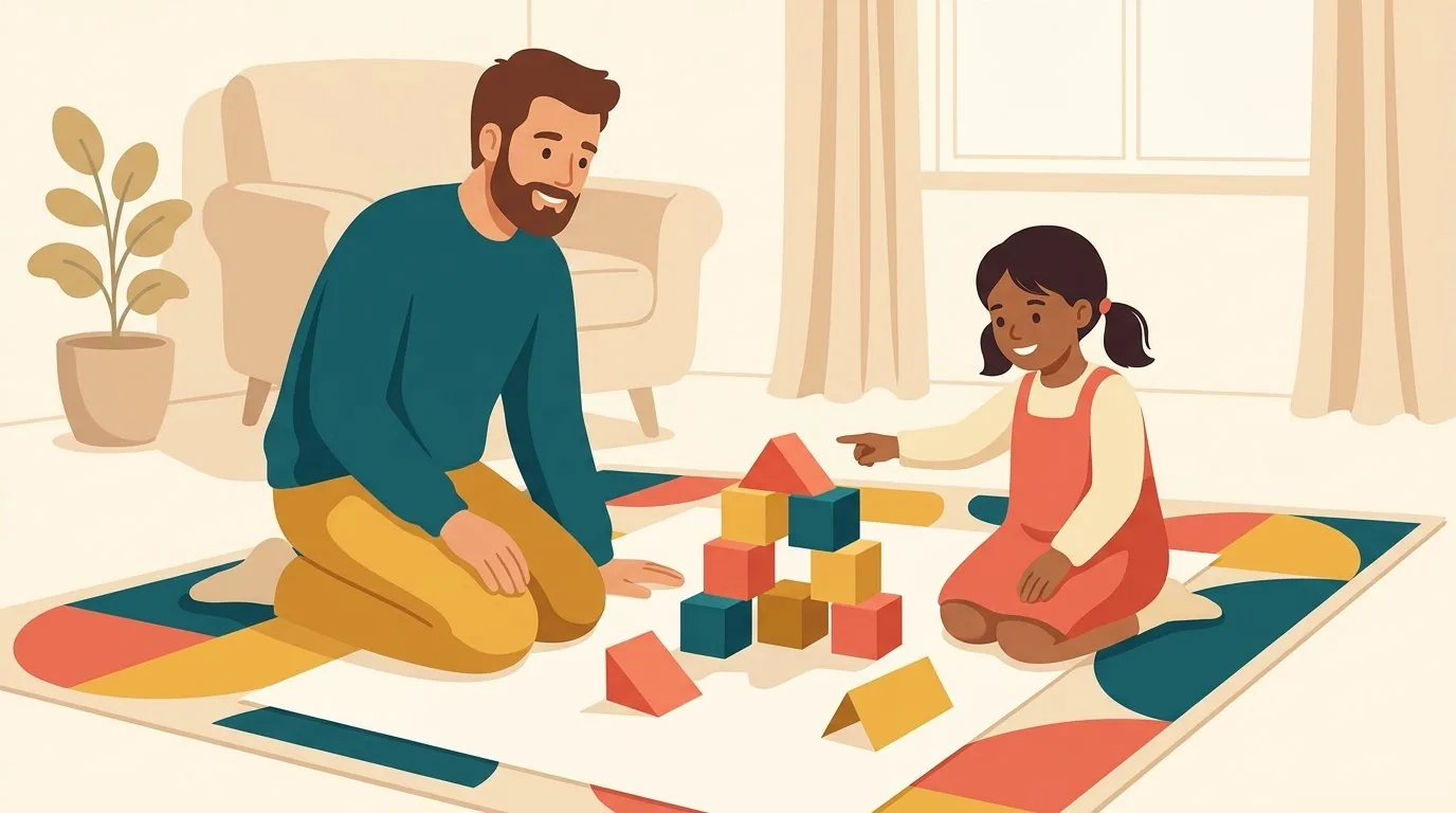 Un père et sa fille assis sur le tapis du salon construisent une maquette avec des cubes en bois et des formes en papier découpé
