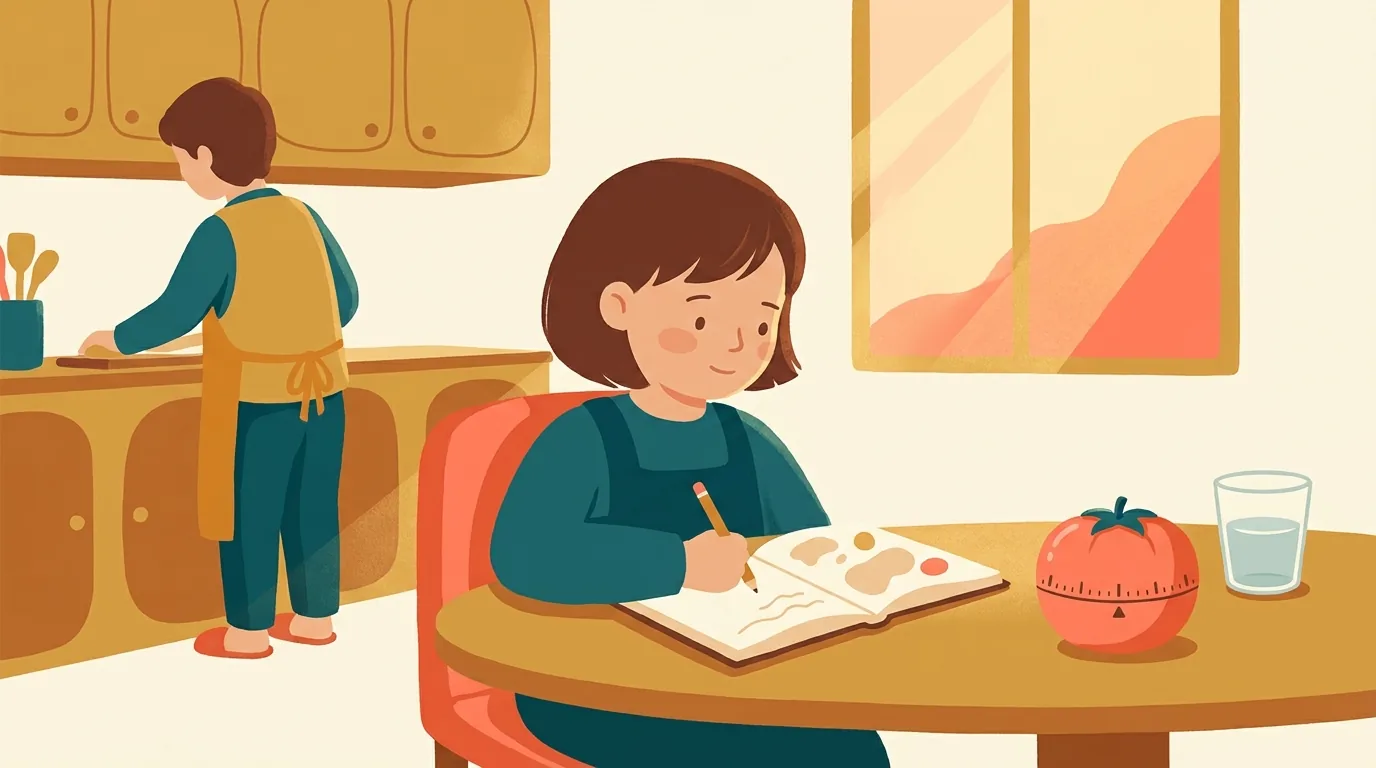 Une enfant fait ses devoirs à la table de la cuisine, un minuteur de cuisine en forme de tomate posé bien en vue à côté de son cahier, pendant que son parent s'occupe au plan de travail derrière elle