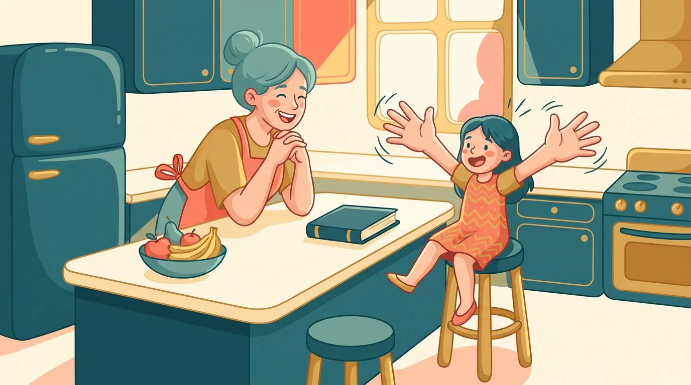 Une petite fille assise sur un tabouret raconte une histoire avec de grands gestes à sa grand-mère, dans la cuisine, le livre refermé sur le plan de travail