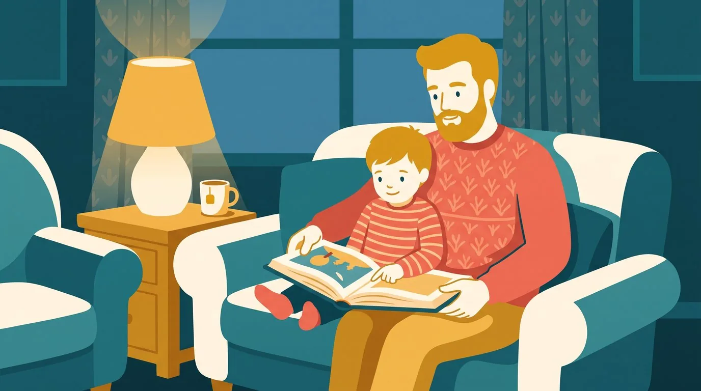 Un père et son fils de sept ans lisent un même livre, assis côte à côte sur le canapé, le soir, sous la lampe du salon