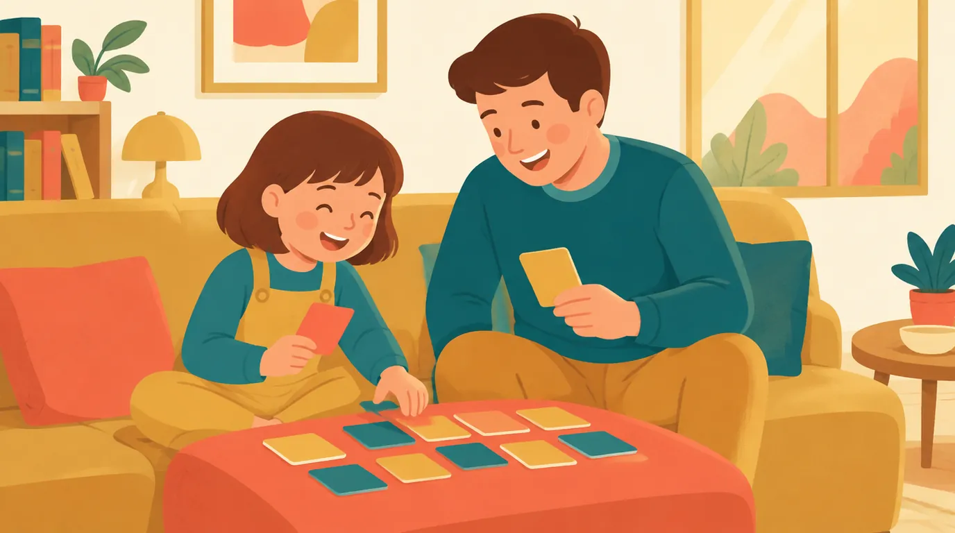 Ein achtjähriges Mädchen und ihr Vater spielen ein Memory-Spiel mit bunten Karten, während sie auf dem Sofa sitzen.