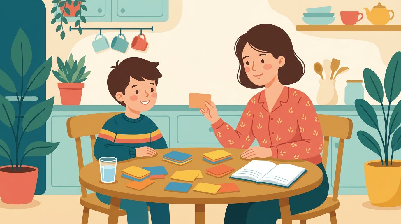 Un collégien étale sur la table de la cuisine des cartes de verbes irréguliers anglais regroupées par familles de couleurs pendant que sa mère l'interroge