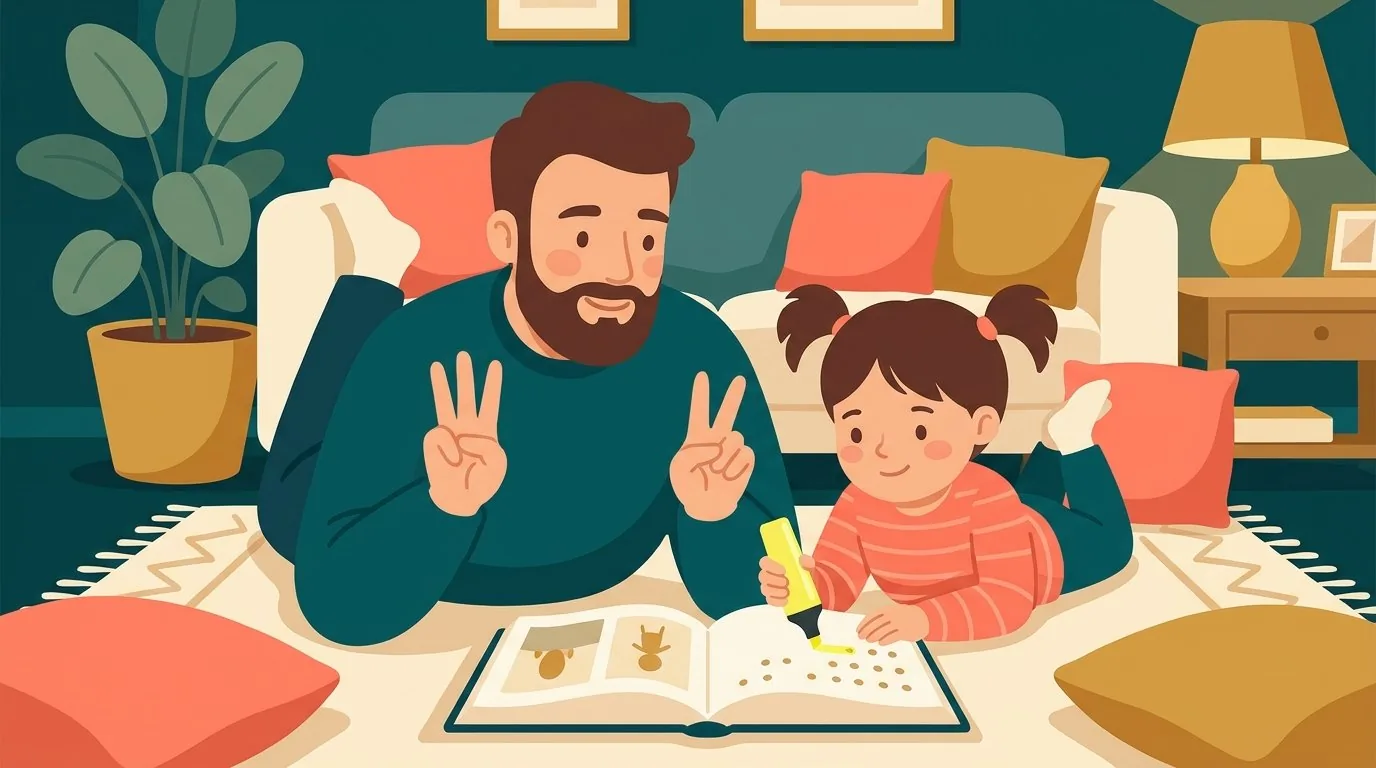 Un père et sa fille allongés sur le tapis surlignent des mots dans un livre ouvert
