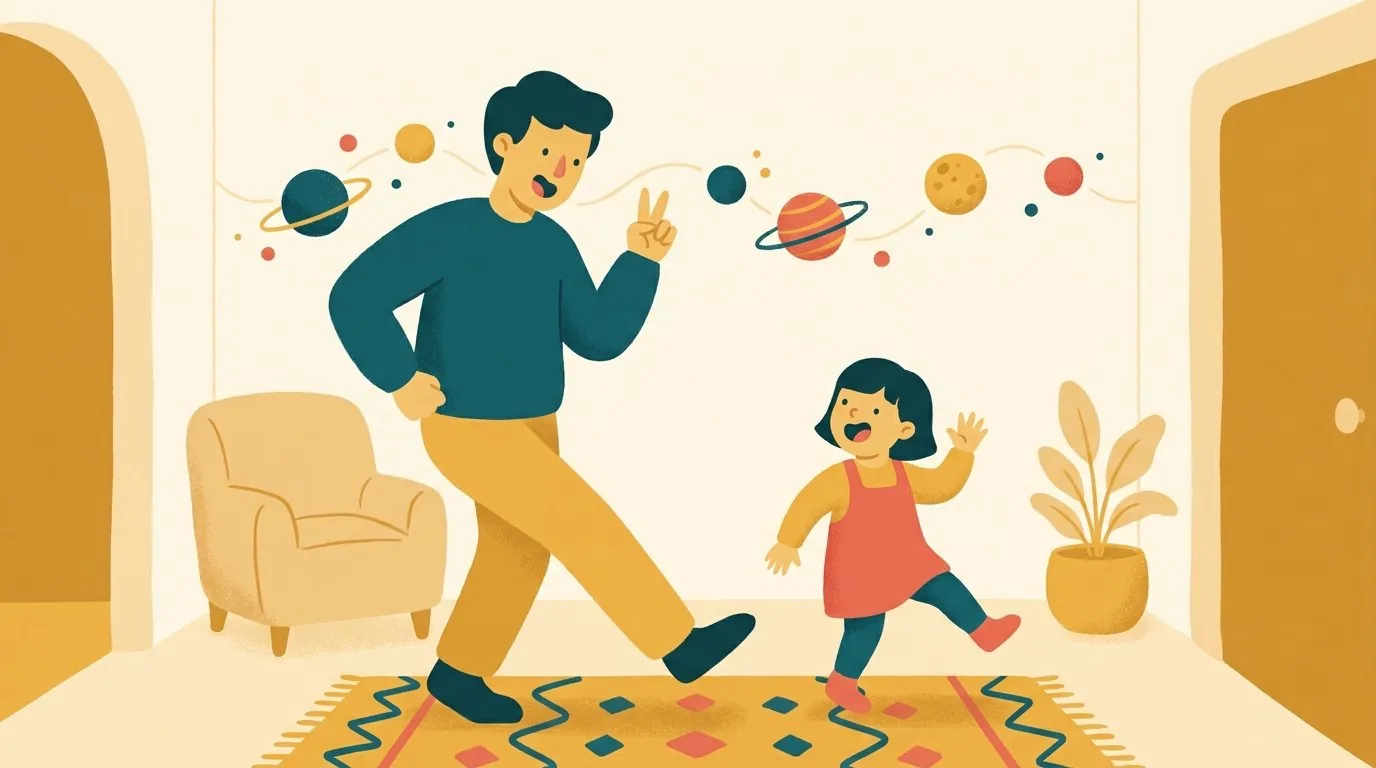 Un parent et son enfant récitent la phrase des planètes en marchant dans le couloir