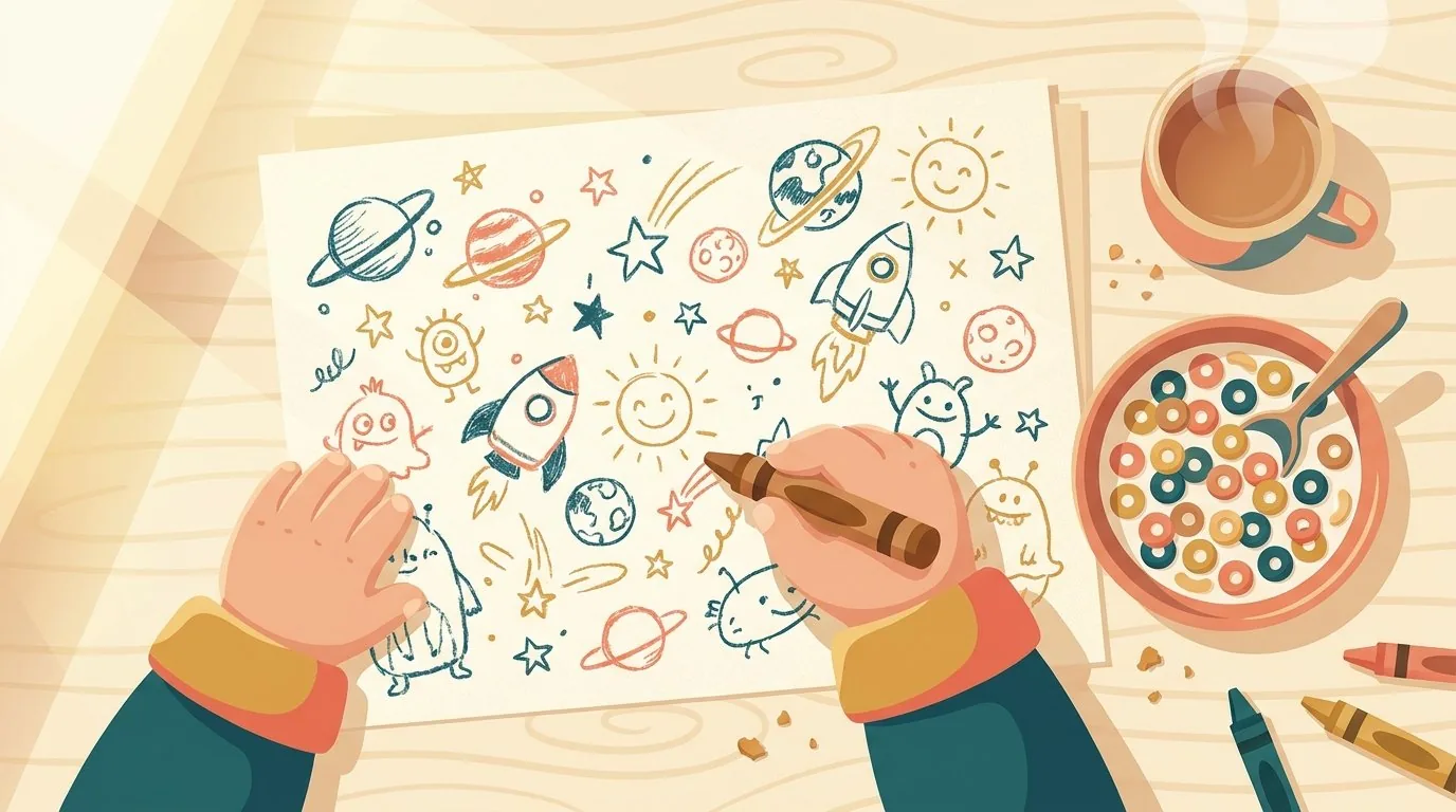 Un enfant invente sa propre phrase des planètes sur une feuille, à la table du petit-déjeuner