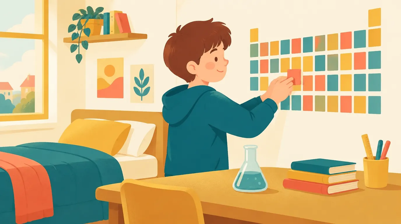 Un adolescent de 15 ans épingle au mur de sa chambre des carrés de couleur alignés comme un tableau périodique, une fiole de chimie posée sur son bureau