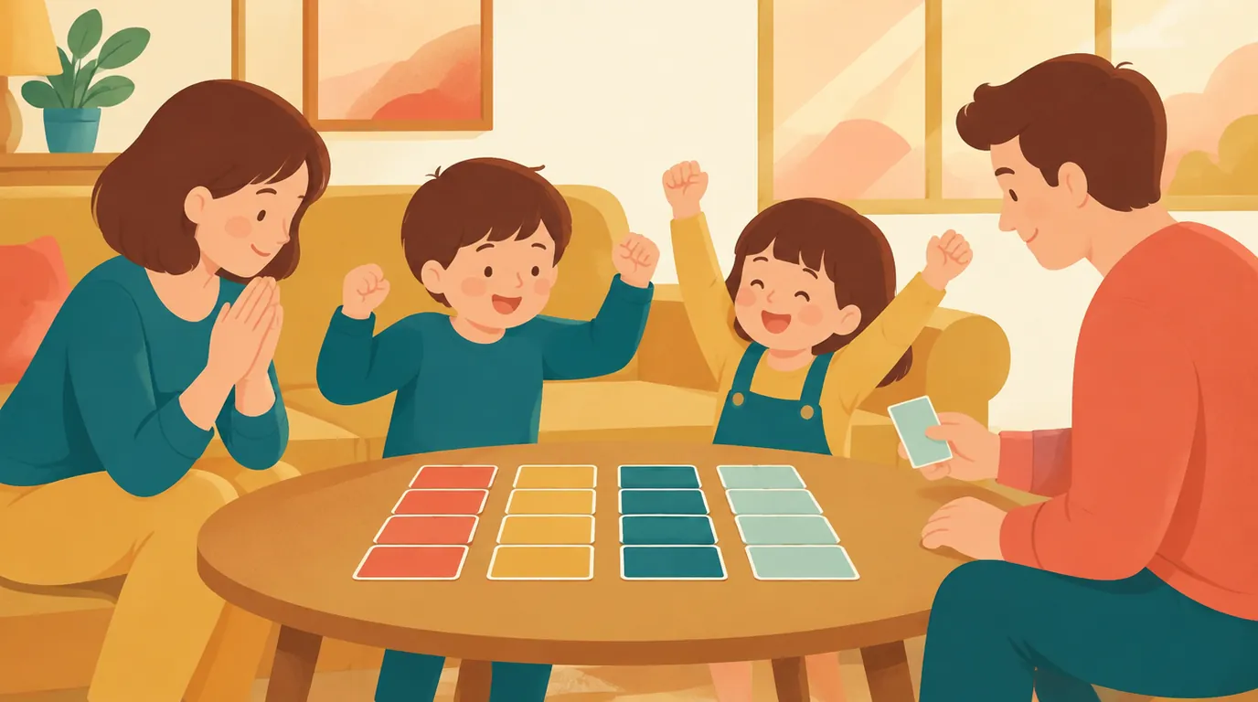 Une famille joue à un jeu de tri sur la table basse : des cartes de mots sont rangées en quatre colonnes de couleur