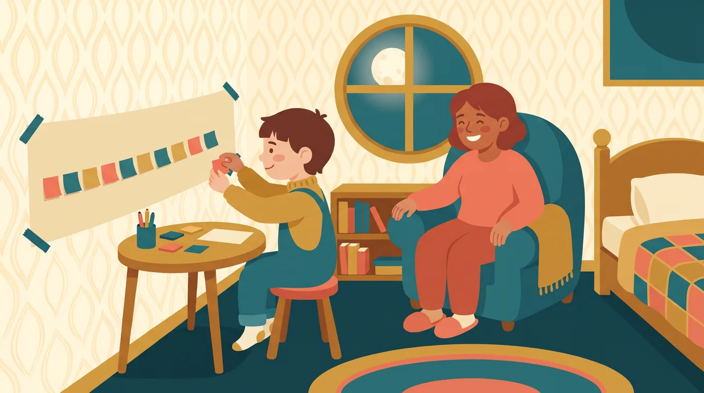 Un niño coloca etiquetas de colores en una tira de papel pegada a la pared, bajo la mirada de su madre