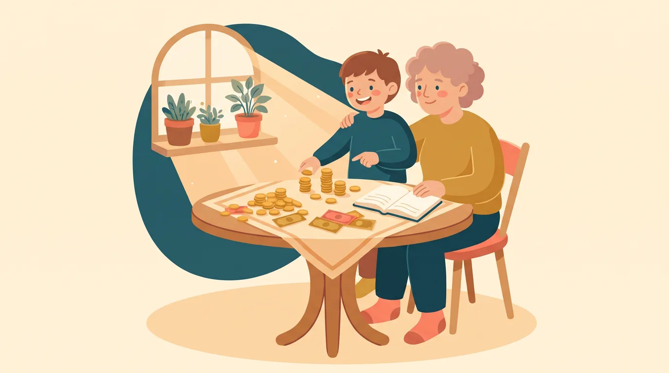 Un niño y su abuela cuentan monedas y billetes en la mesa de la cocina para entender los números decimales