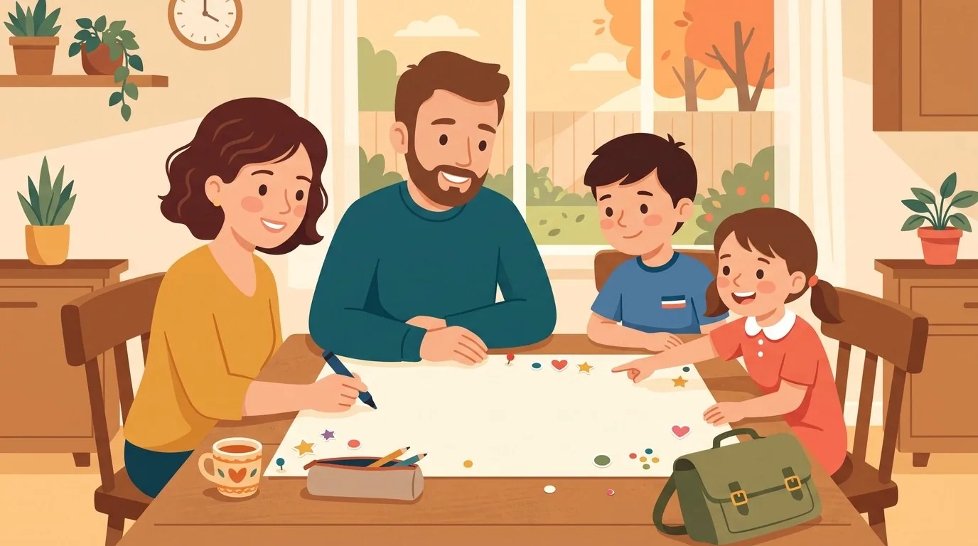 Une famille réunie autour de la table de la cuisine en septembre écrit ensemble ses objectifs de l'année sur une grande feuille, à côté de gommettes colorées