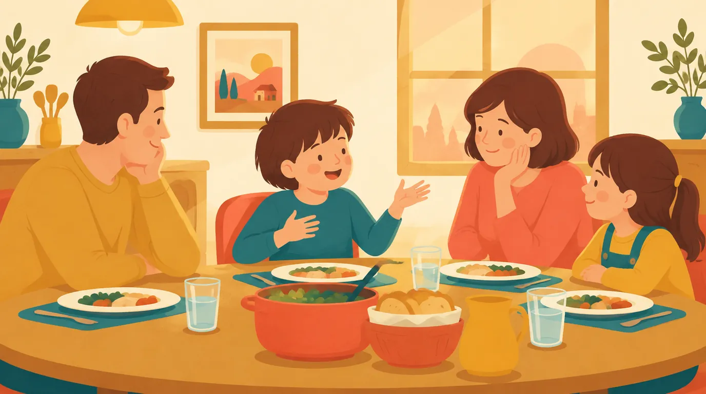 Un garçon raconte sa journée avec de grands gestes pendant le dîner familial, écouté par ses parents et sa sœur