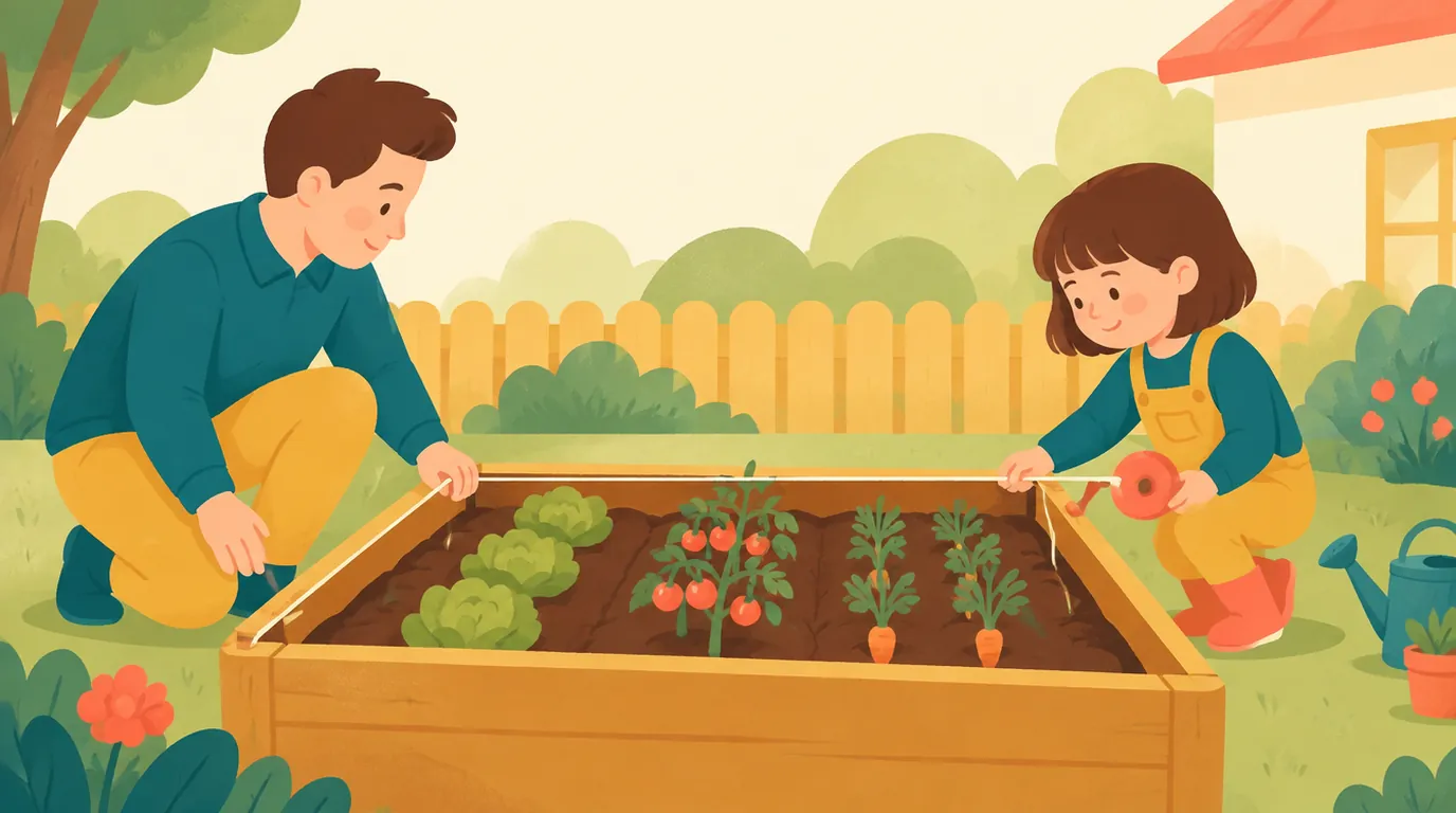 Un père et sa fille tendent une ficelle le long des bords d'un potager rectangulaire pour en mesurer le tour