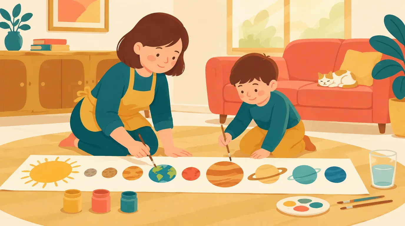 Une mère et son fils, à genoux sur le tapis, peignent les huit planètes en rang sur une longue bande de papier, le Soleil dessiné à une extrémité