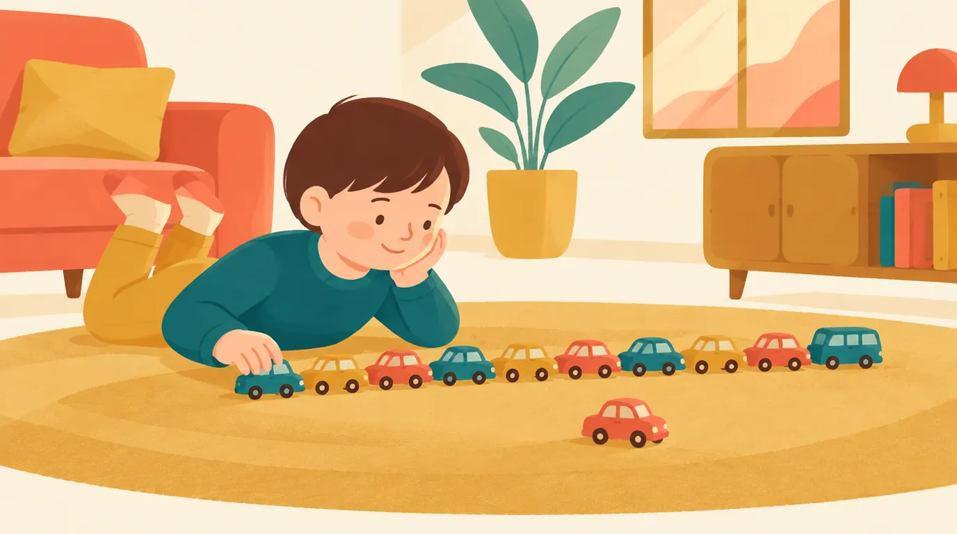 A 7-year-old boy lines up a long row of colourful toy cars on the living room carpet