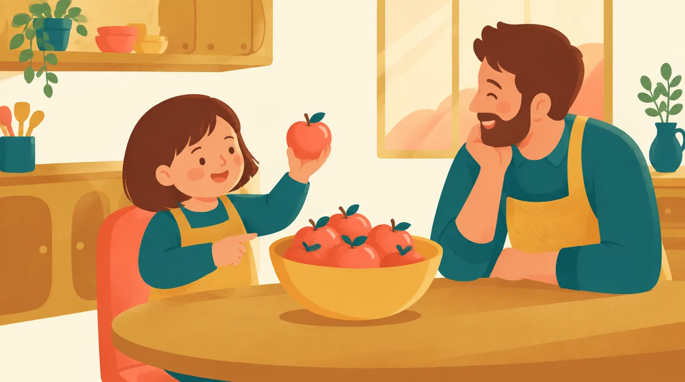 A young girl holds an apple in one hand and points to a large bowl full of apples, while her father looks on with a smile