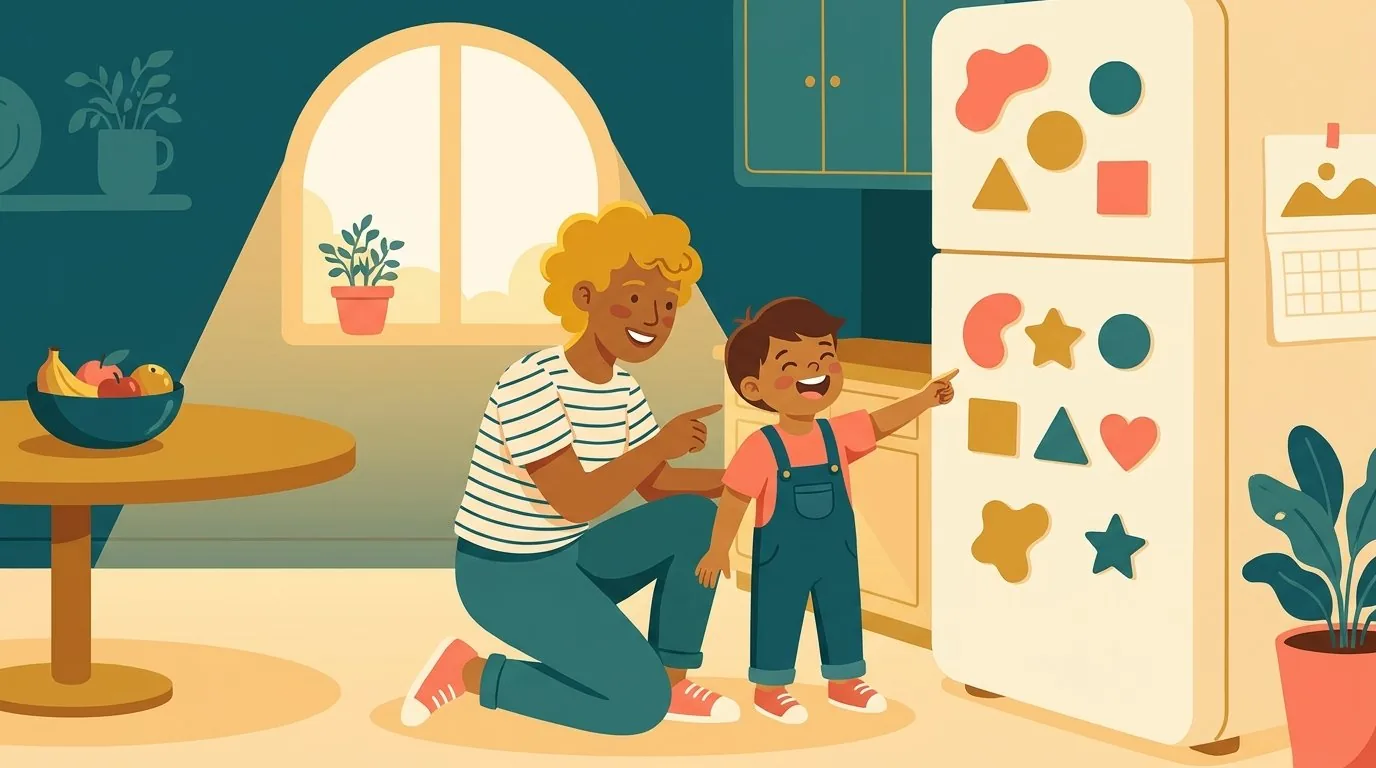 Un enfant joue avec des formes colorées aimantées sur le frigo avec son parent