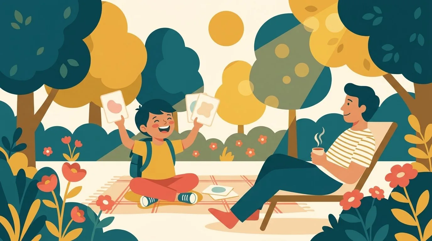 Un enfant révise joyeusement ses tables de multiplication avec des cartes dans le jardin, un parent détendu à côté, un après-midi d'été