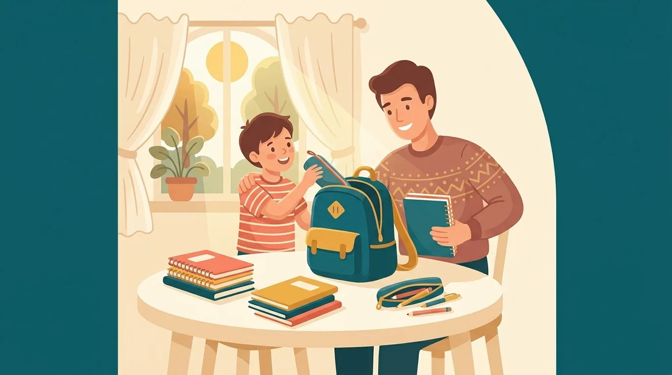 Un parent souriant et son enfant de CM2 préparent ensemble un cartable neuf avant l'entrée en 6e, un matin d'été dans la cuisine