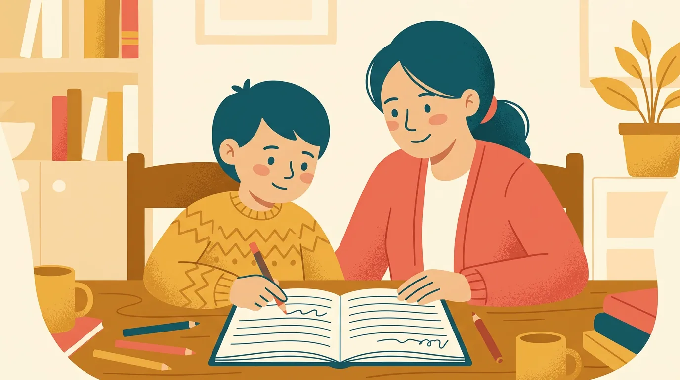 Une mère et son fils penchés ensemble sur le cahier de dictée ; l'enfant pointe une ligne avec un crayon de couleur pour chercher lui-même son erreur