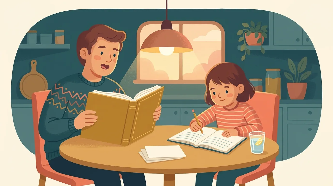 Un parent lit un texte à voix haute dans un livre ouvert pendant que son enfant l'écrit dans un cahier à lignes, à la table de la cuisine, en fin de journée