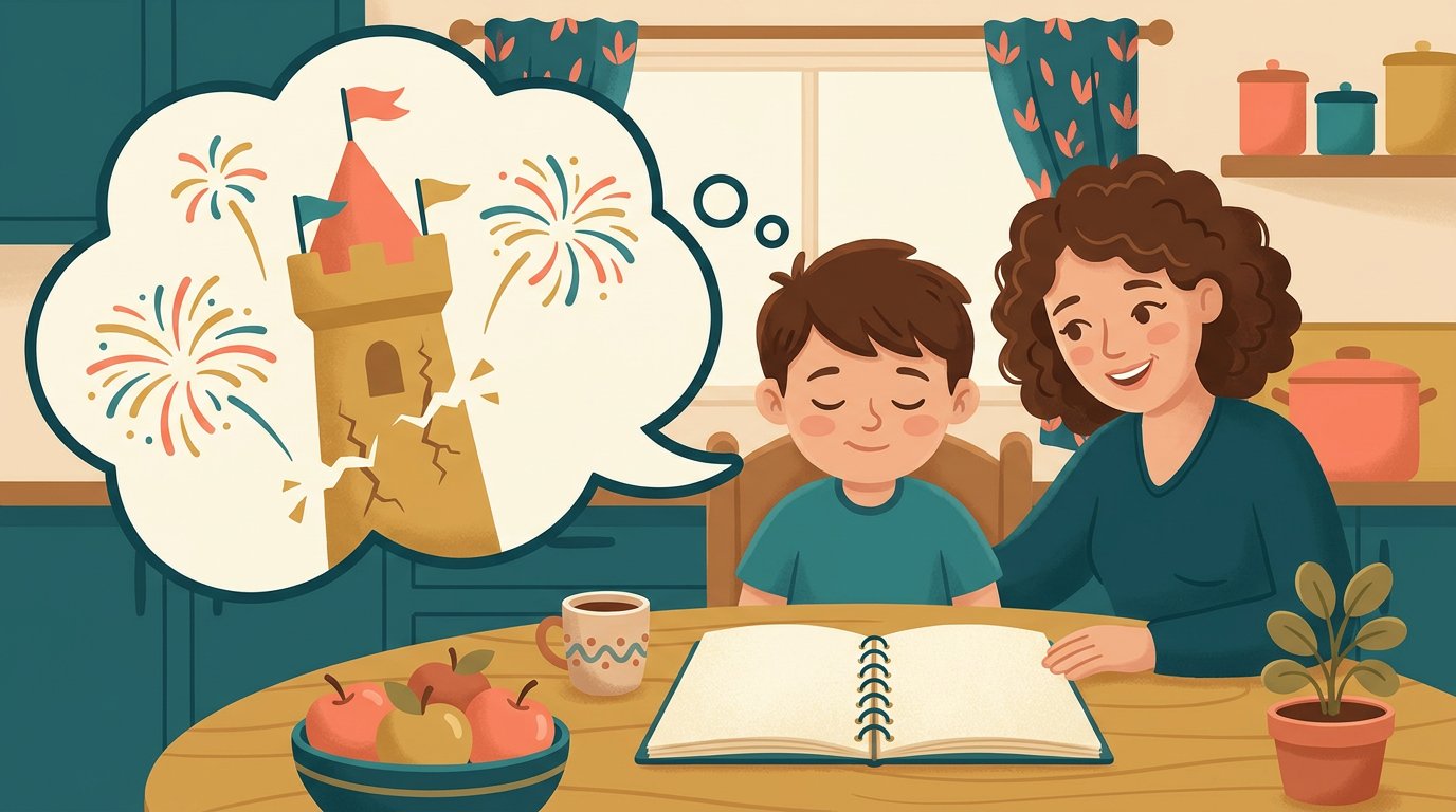 Un enfant, les yeux fermés, imagine une tour de château qui s'effondre sous un feu d'artifice pendant que sa mère l'écoute