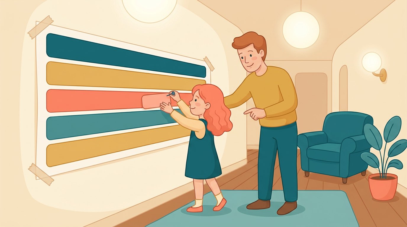 Un père et sa fille épinglent une étiquette sur une frise chronologique colorée affichée dans le couloir de la maison