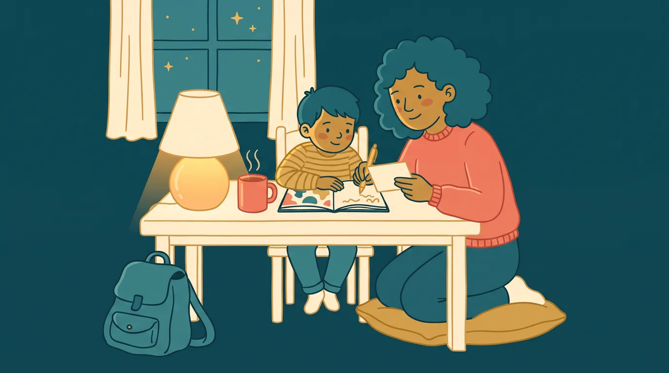 A parent and child prepare a short list of questions together at the kitchen table