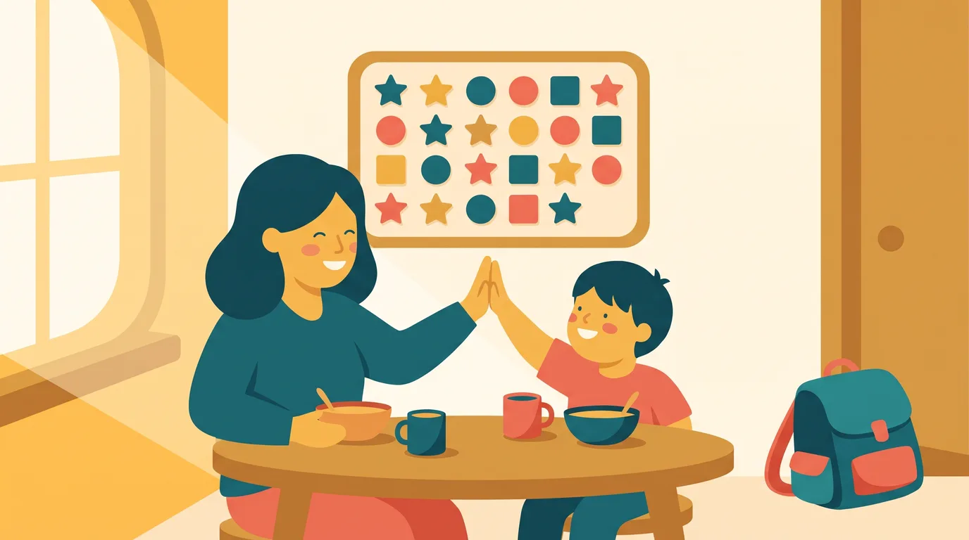 At breakfast, a parent and child high-five in front of a colourful routine chart
