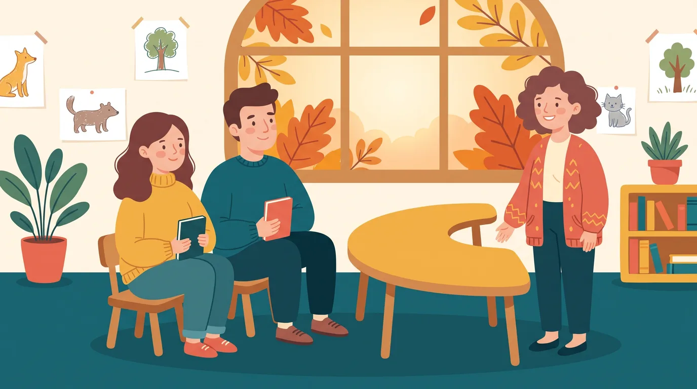 Two parents sit on small school chairs, chatting with a teacher in a classroom decorated with children’s drawings