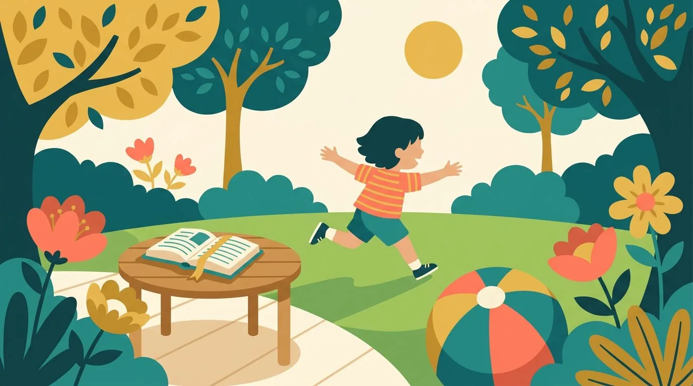 Un enfant referme son cahier et court jouer au ballon dans le jardin après une courte séance de révision estivale