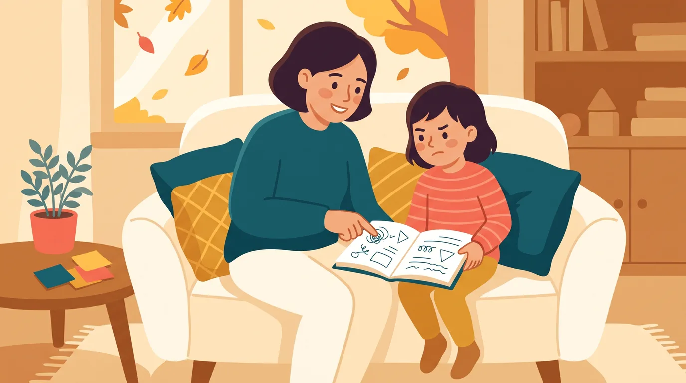 Un parent et son enfant feuillettent ensemble le cahier du jour sur le canapé