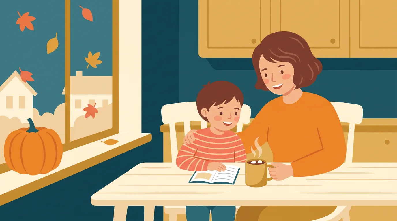 Un matin d'automne, un parent et son enfant travaillent sur un petit cahier à la table de la cuisine, un chocolat chaud à côté