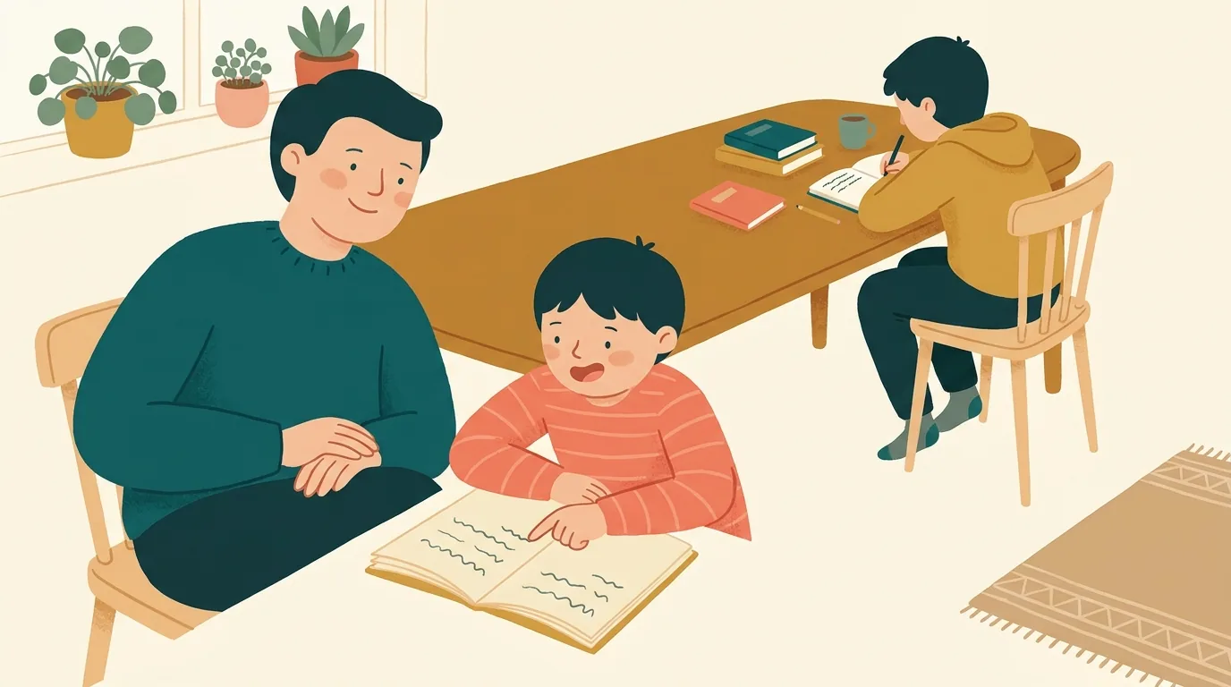 Un parent écoute son jeune enfant lire à voix haute en suivant la ligne du doigt, les mains posées sans intervenir, tandis que l'aîné travaille seul au bout de la même table
