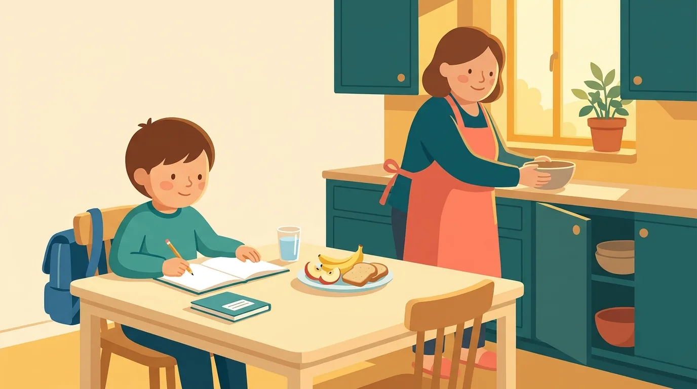 Un enfant s'installe pour ses devoirs à la table de la cuisine dégagée, cahier de textes et goûter posés à côté, son cartable accroché à la chaise, pendant que son parent range derrière lui