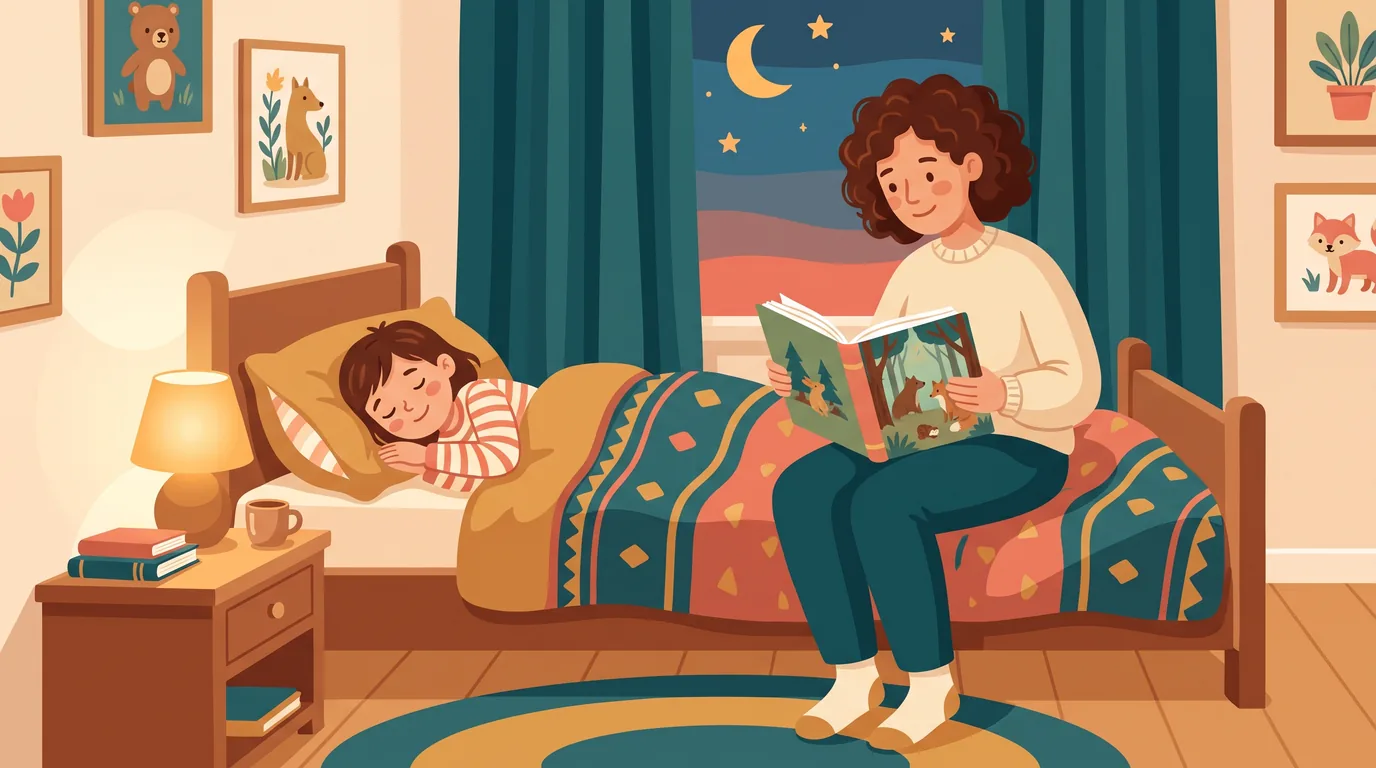Un parent assis au bord du lit lit une histoire à son enfant endormi, lampe de chevet allumée, un soir de fin d'été
