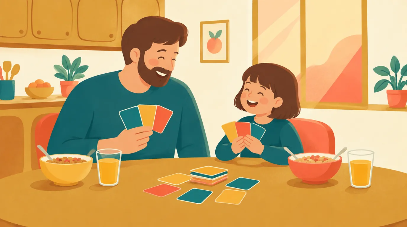 Un père et sa fille jouent aux cartes à la table du petit-déjeuner, entre les bols de céréales et les verres de jus d'orange