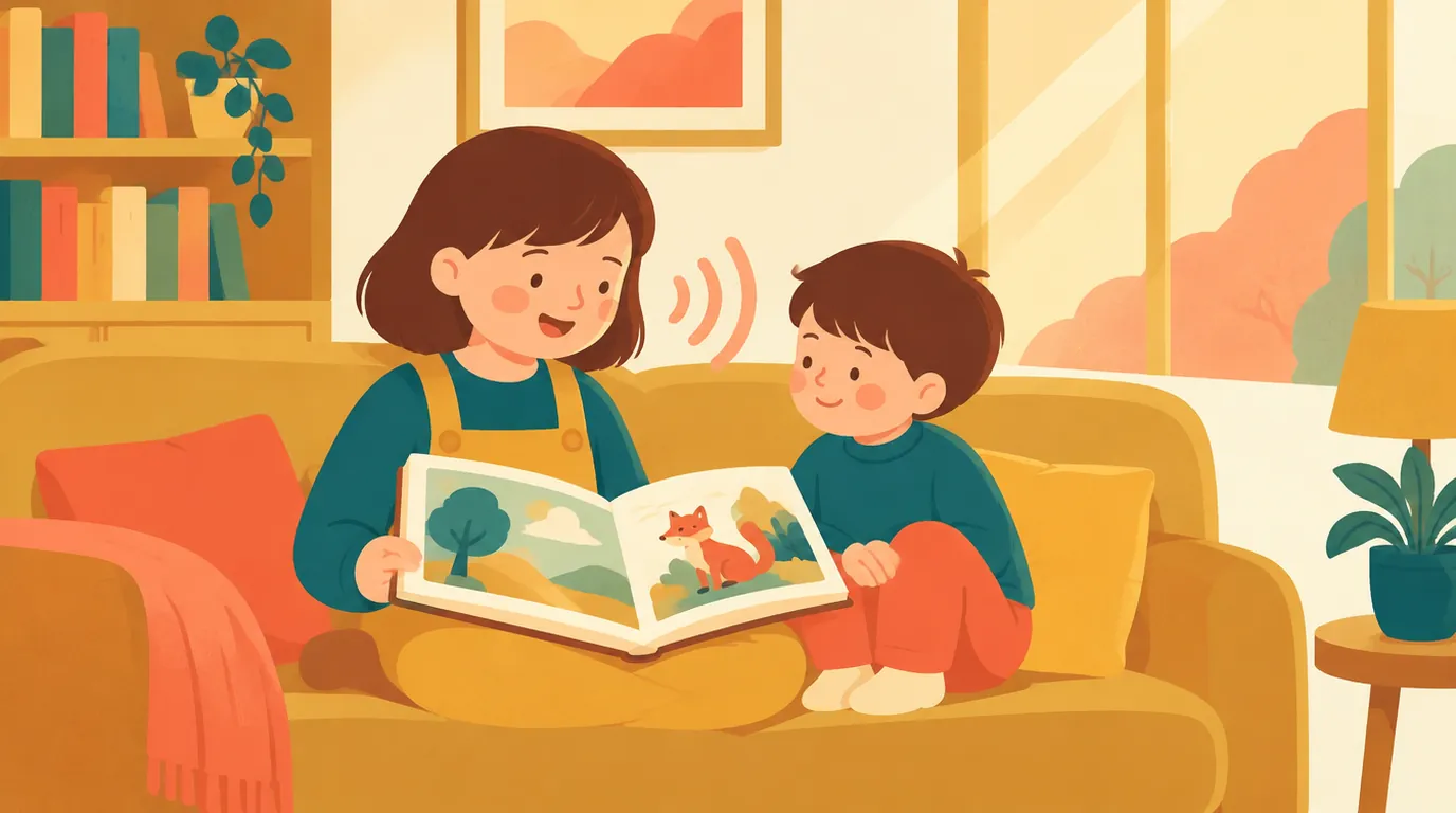 Une fillette de 9 ans lit à voix haute un album à son petit frère, tous deux installés sur le canapé du salon