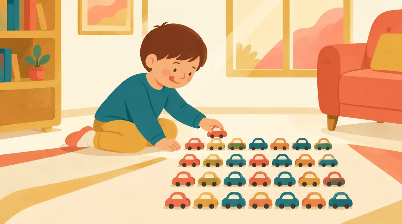 Un garçon de 8 ans range de petites voitures en rangées de sept sur le tapis du salon