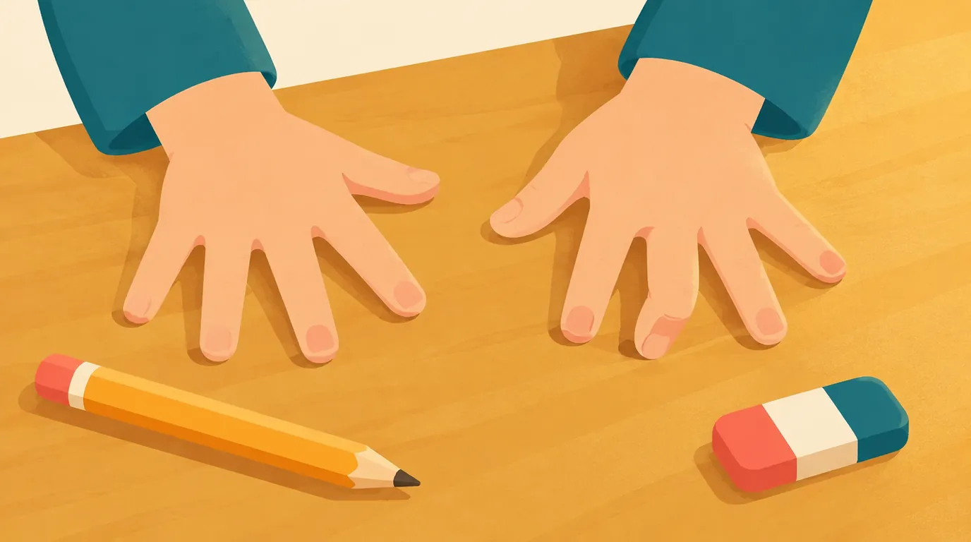 Gros plan sur deux mains d'enfant posées à plat sur une table en bois, à côté d'un crayon et d'une gomme