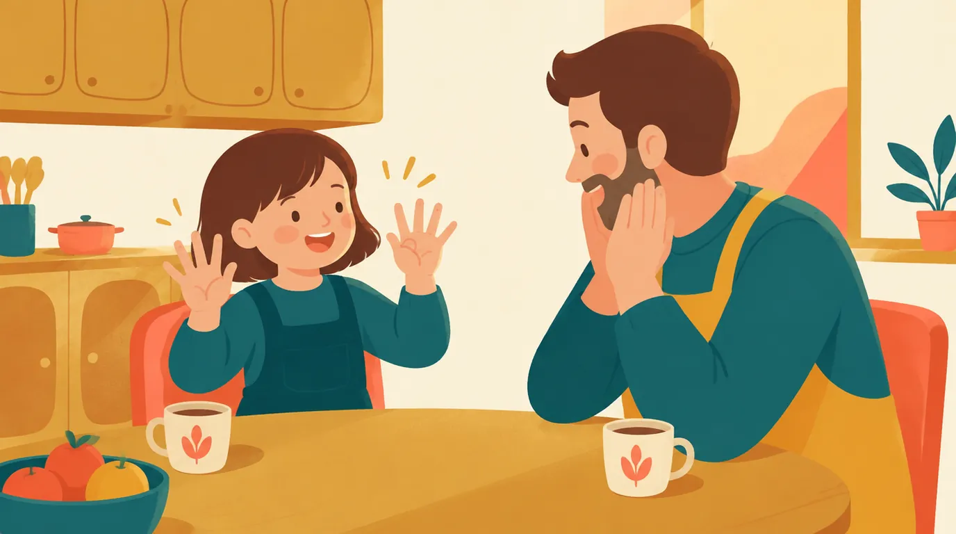 Une fillette montre ses deux mains, un doigt replié, à son père émerveillé, tous deux assis à la table de la cuisine
