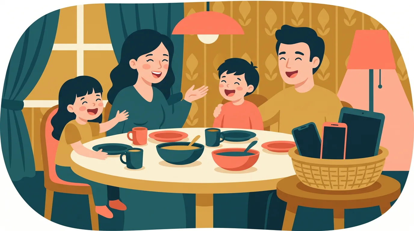 A family laughs around the dinner table, with phones and a tablet switched off and put away in a basket