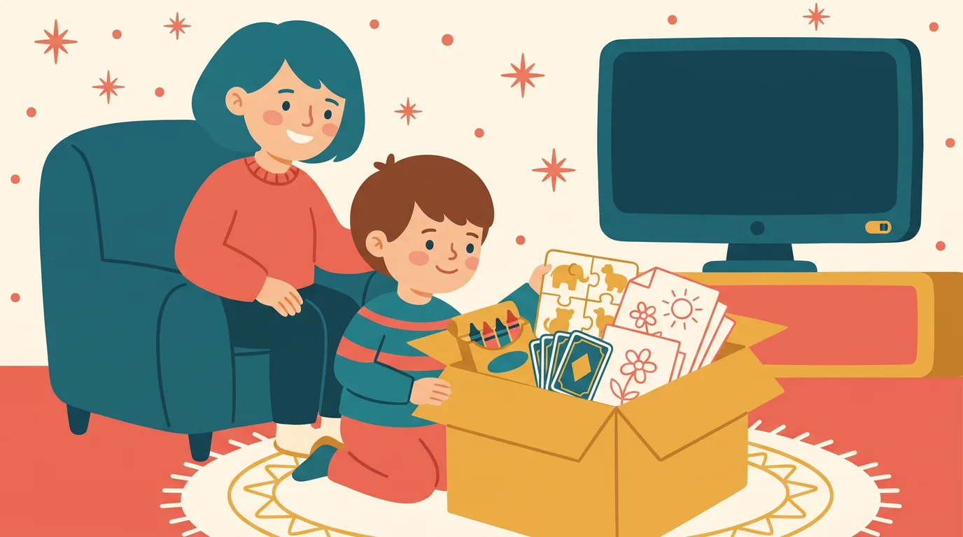 A child opens a box filled with colouring pencils, cards, a puzzle and colouring sheets, with the TV switched off