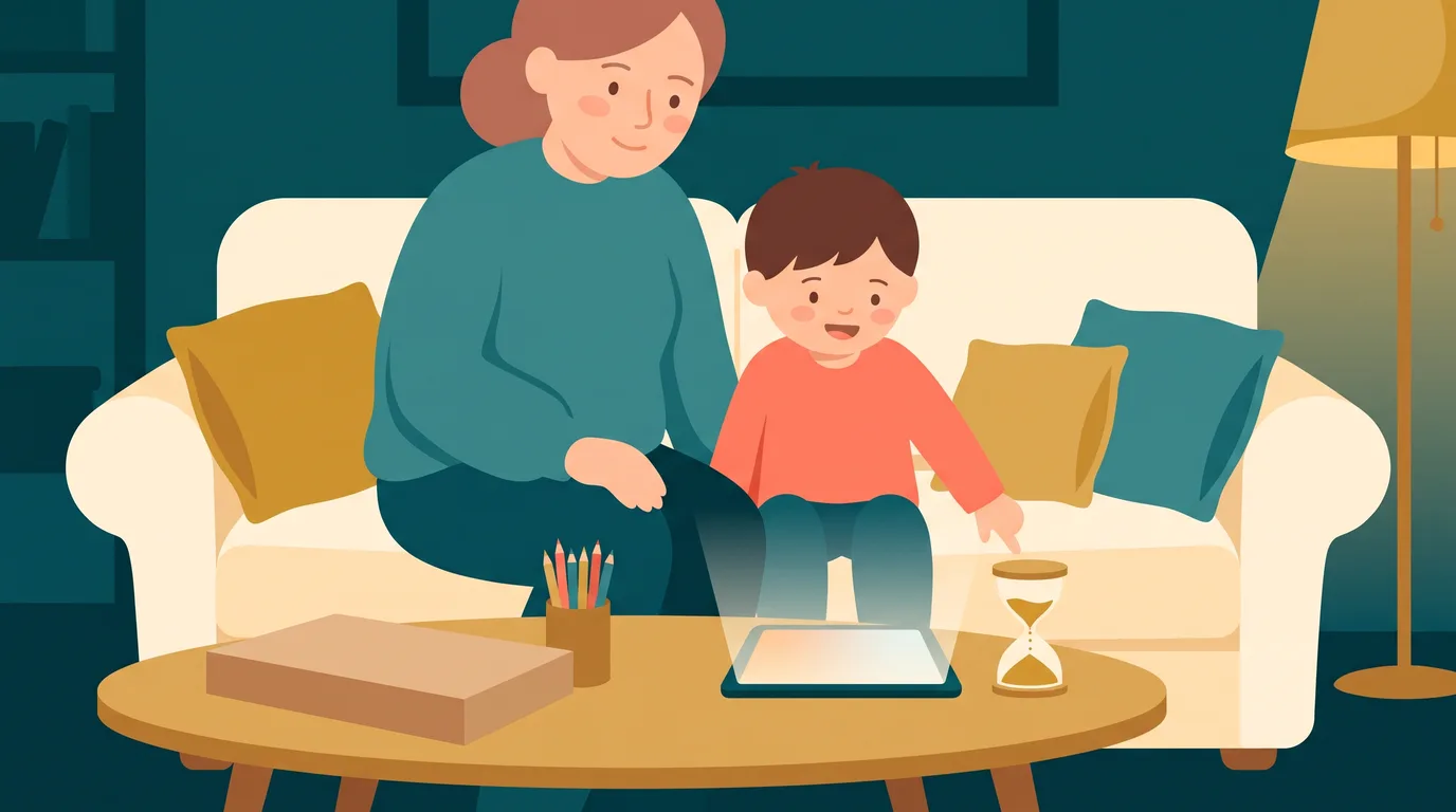 A child turns off their tablet on the sofa next to a sand timer, with their mum, colouring pencils and a board game on the table