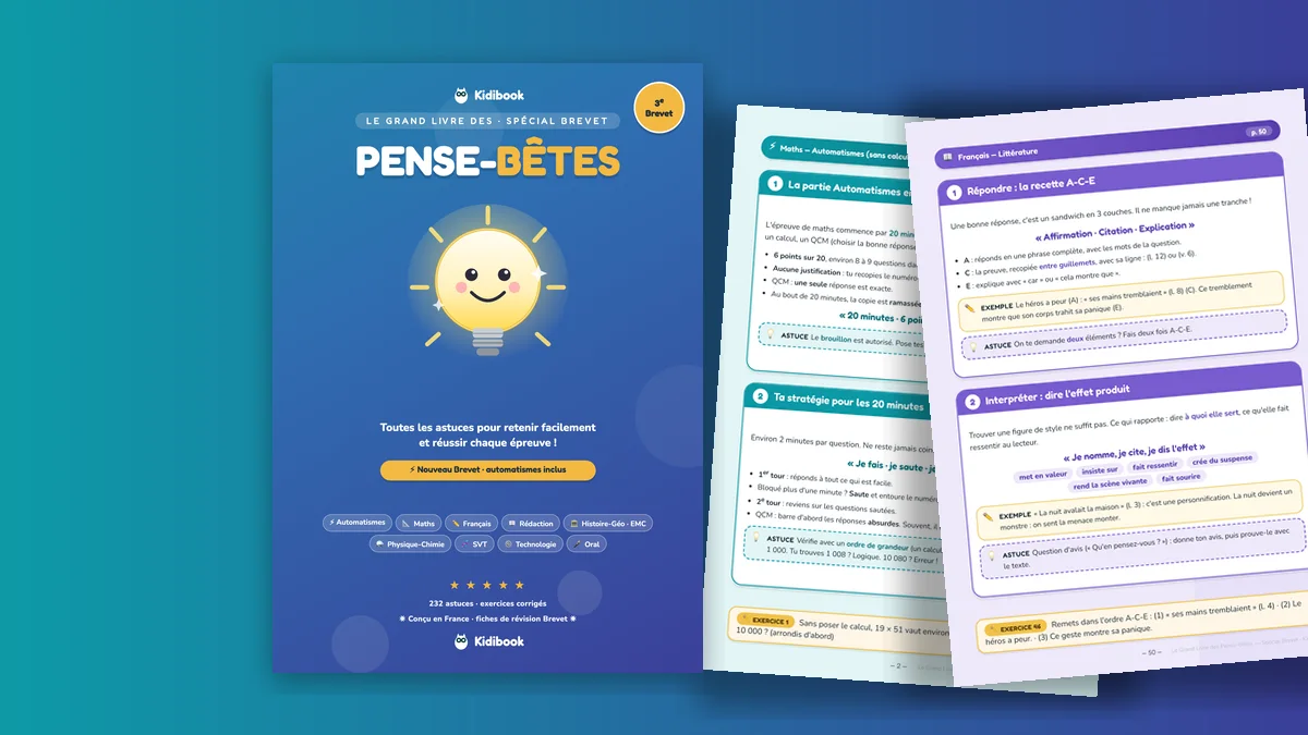 Le Grand Livre des Pense-Bêtes Spécial Brevet and two of its pages: maths quick-fire skills and the method for answering French comprehension questions