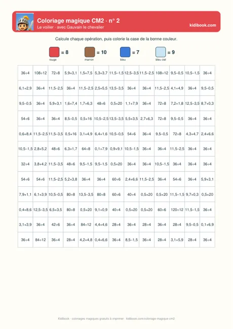Coloriage magique CM2 : le voilier — aperçu du PDF gratuit